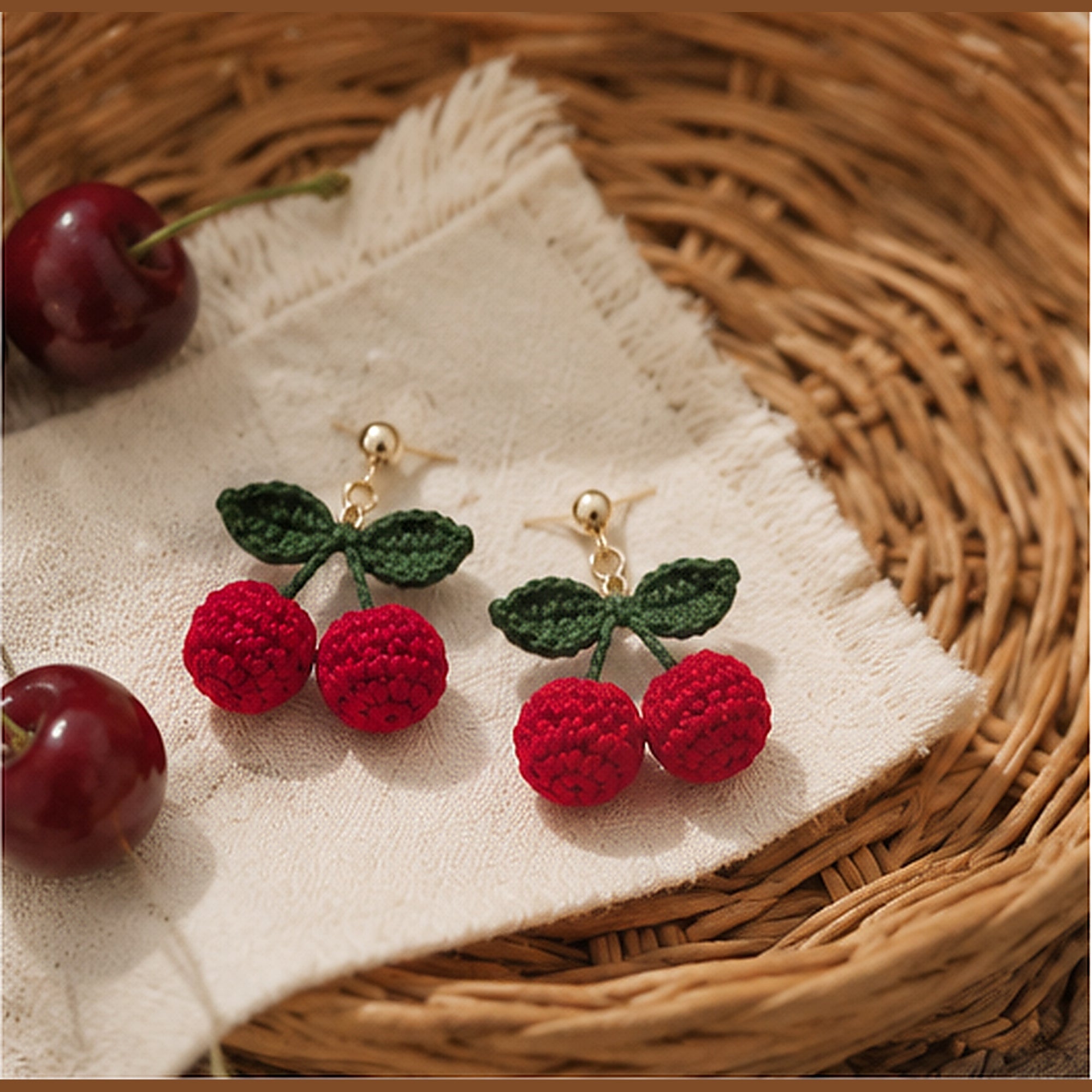 Handmade Crochet Cherry Stud Earrings | 925 Sterling Silver Posts