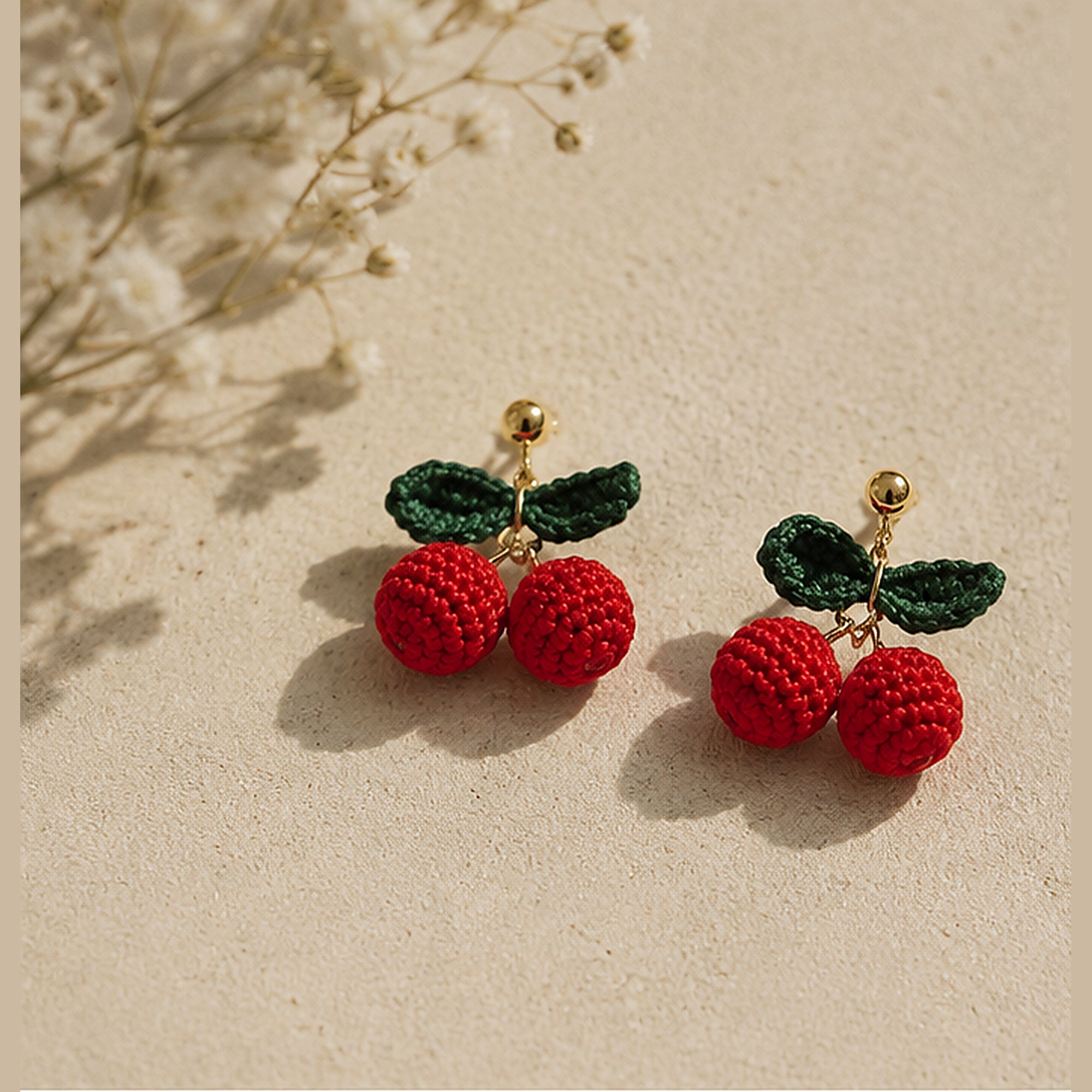 Handmade Crochet Cherry Stud Earrings | 925 Sterling Silver Posts