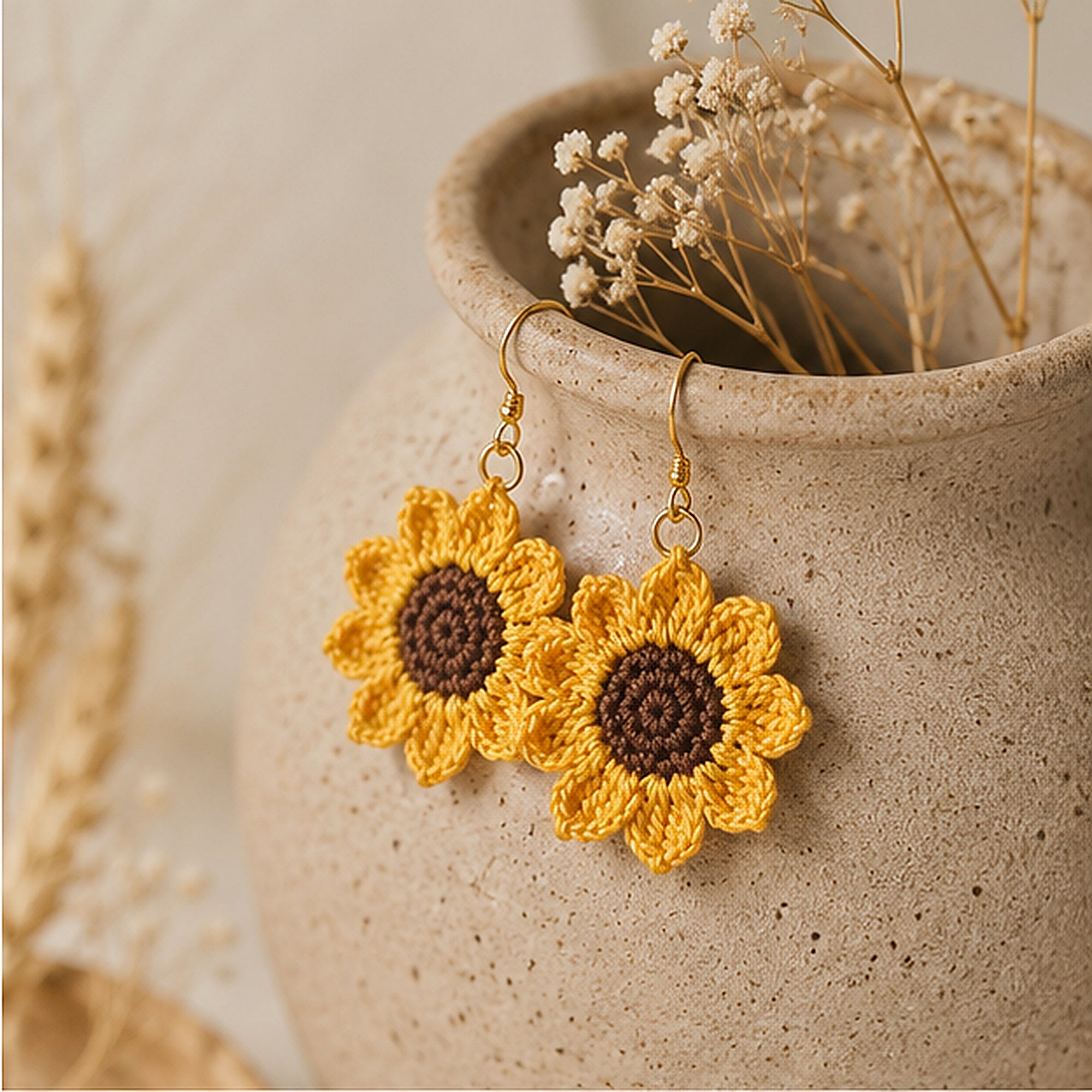 Handmade Crochet Sunflower Jewellery Set | Earrings & Ring