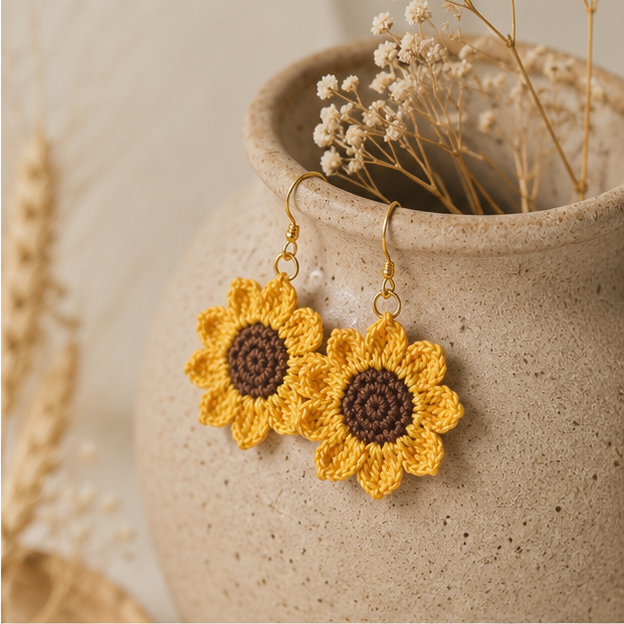 Handmade Crochet Sunflower Jewellery Set – Earrings & Ring