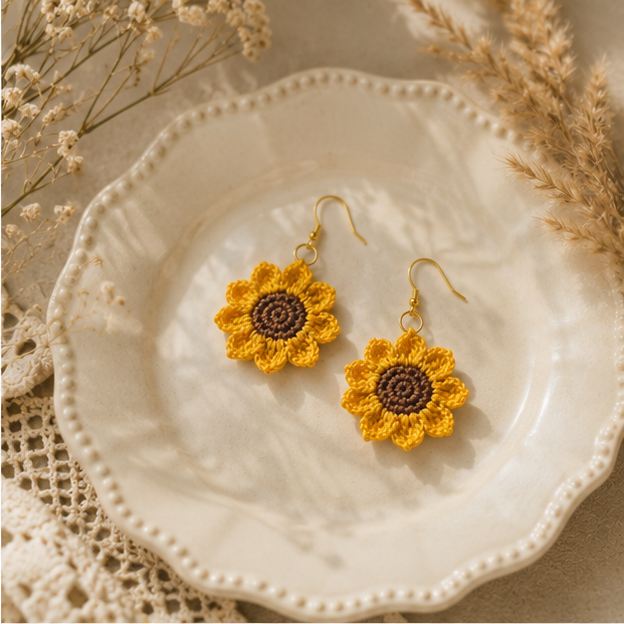 Handmade Crochet Sunflower Jewellery Set – Earrings & Ring