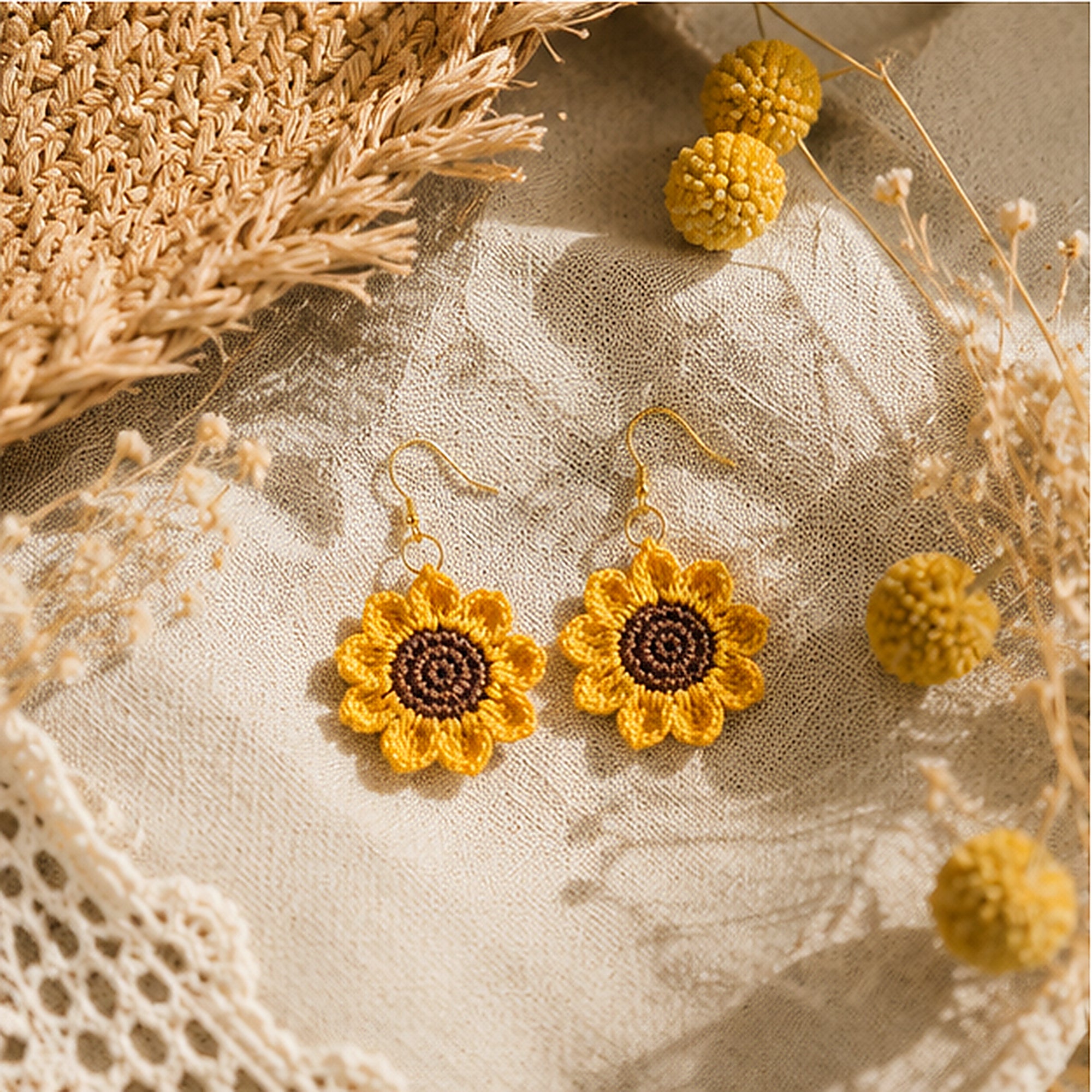 Handmade Crochet Sunflower Jewellery Set | Earrings & Ring