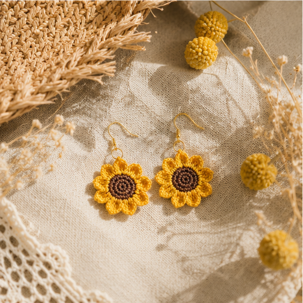 Handmade Crochet Sunflower Jewellery Set – Earrings & Ring