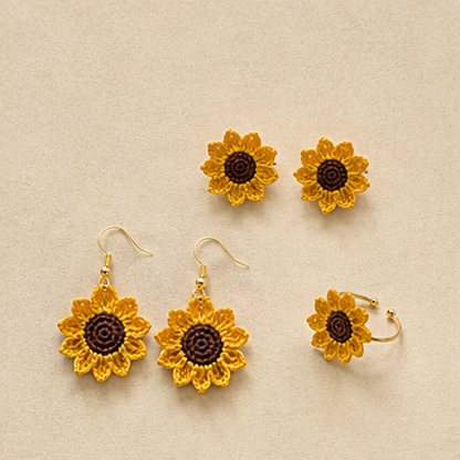 Handmade Crochet Sunflower Jewellery Set – Earrings & Ring