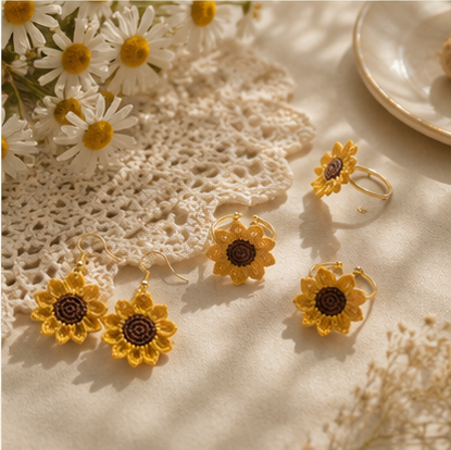 Handmade Crochet Sunflower Jewellery Set – Earrings & Ring