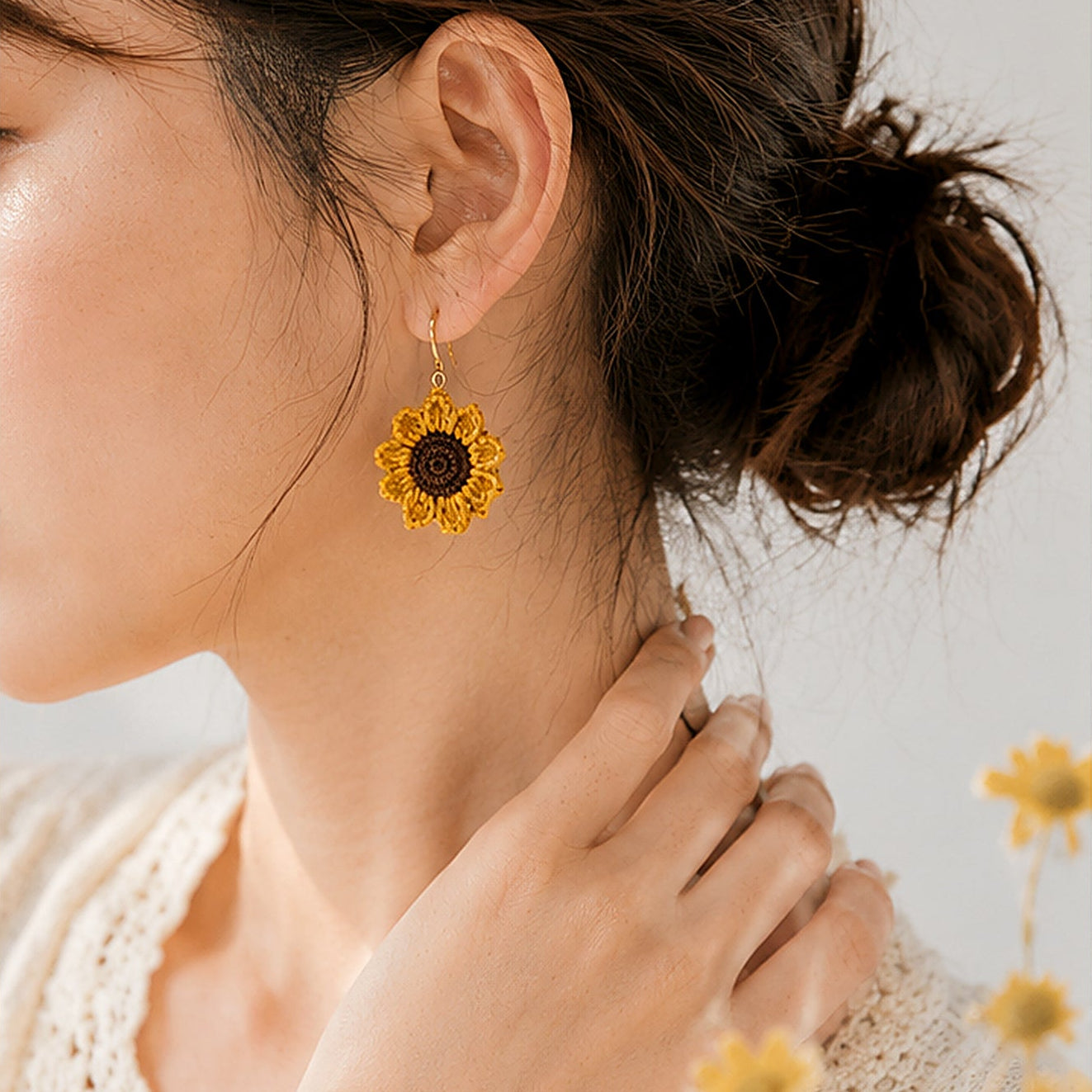 Handmade Crochet Sunflower Jewellery Set | Earrings & Ring