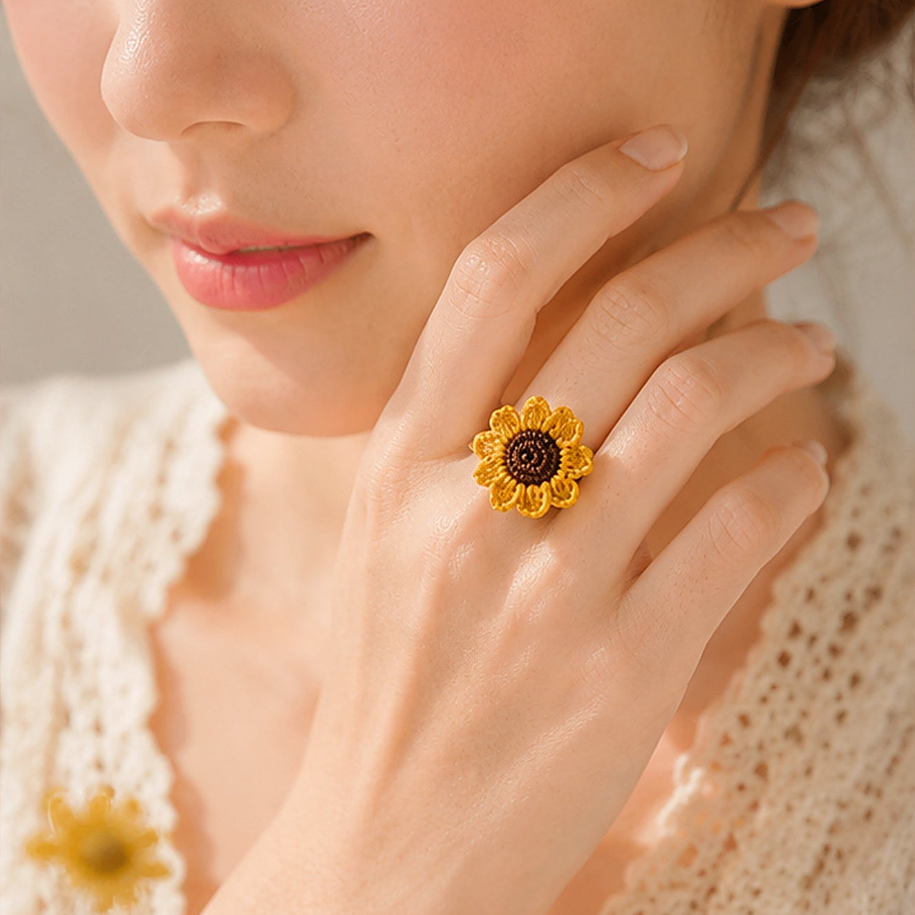 Handmade Crochet Sunflower Jewellery Set | Earrings & Ring