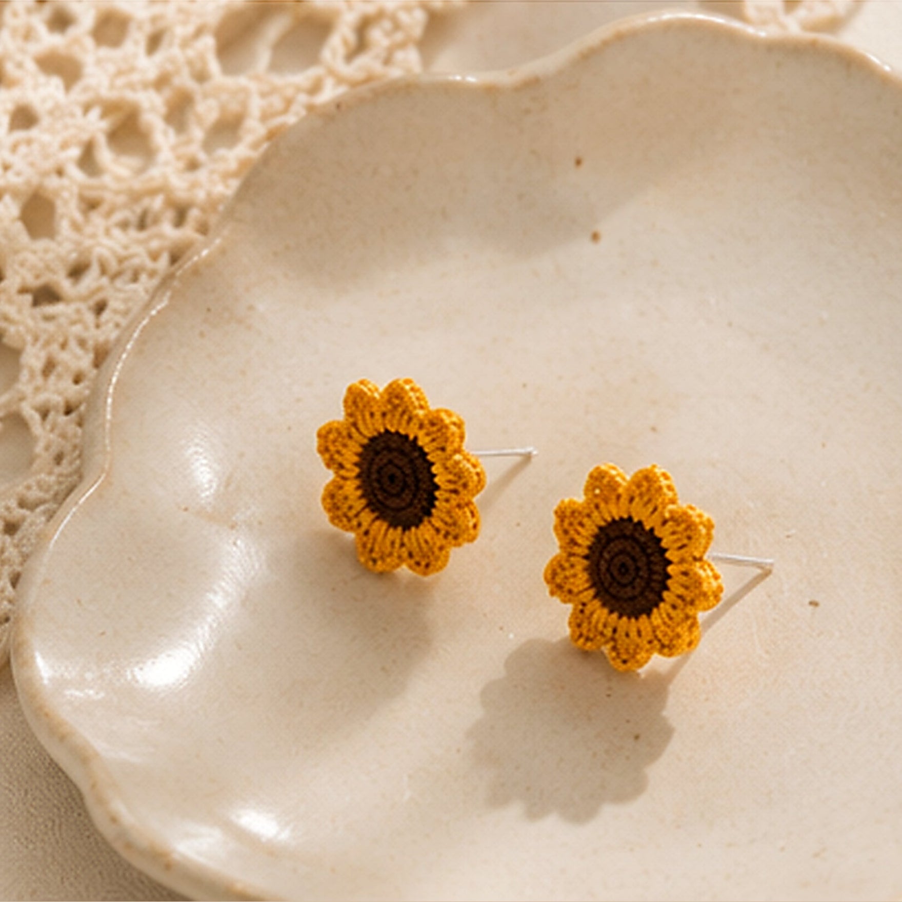 Handmade Crochet Sunflower Jewellery Set | Earrings & Ring