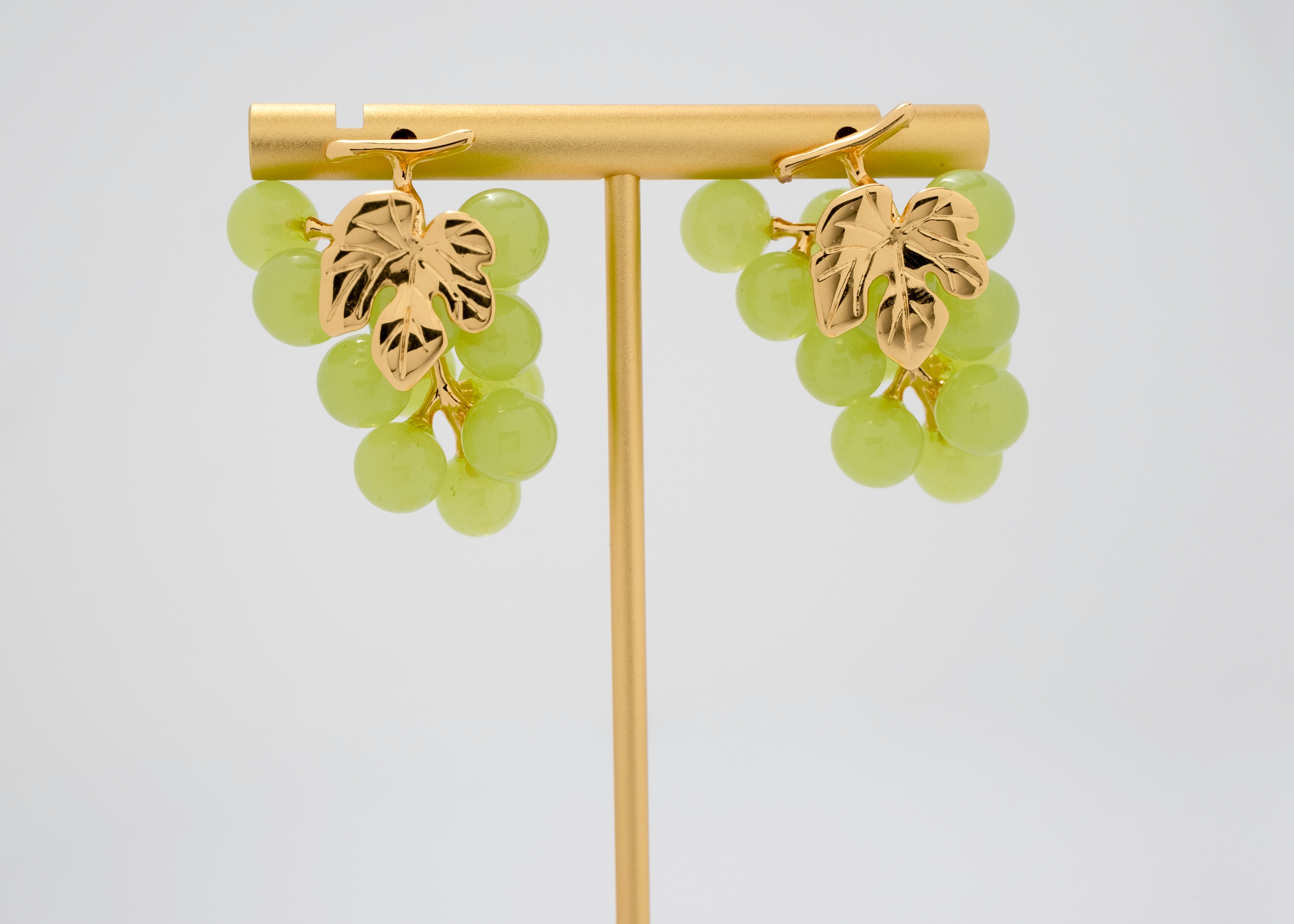 Green Pop: Grape Cluster Bead Earrings with Gold Leaf Detail