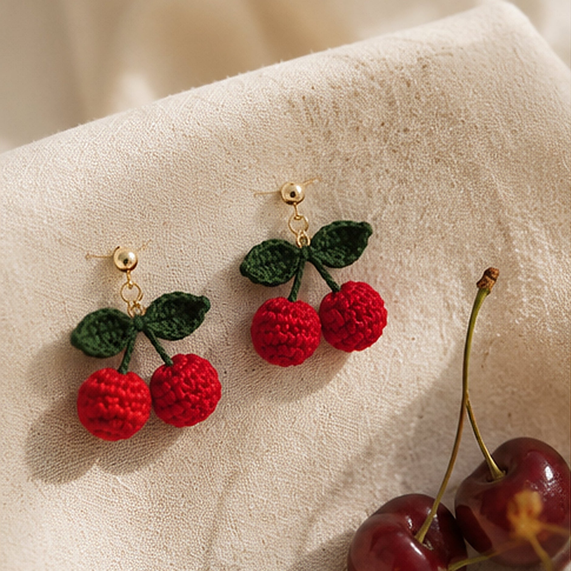 Handmade Crochet Cherry Stud Earrings | 925 Sterling Silver Posts