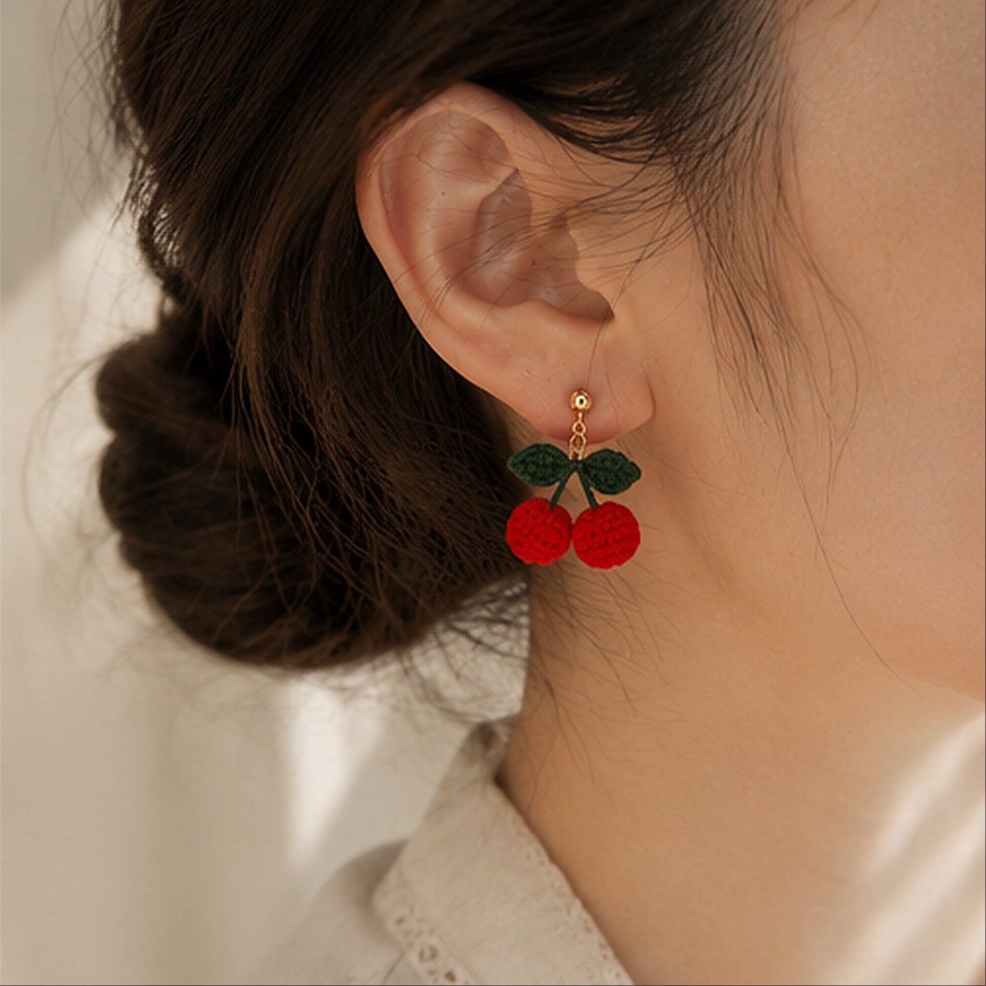 Handmade Crochet Cherry Stud Earrings | 925 Sterling Silver Posts