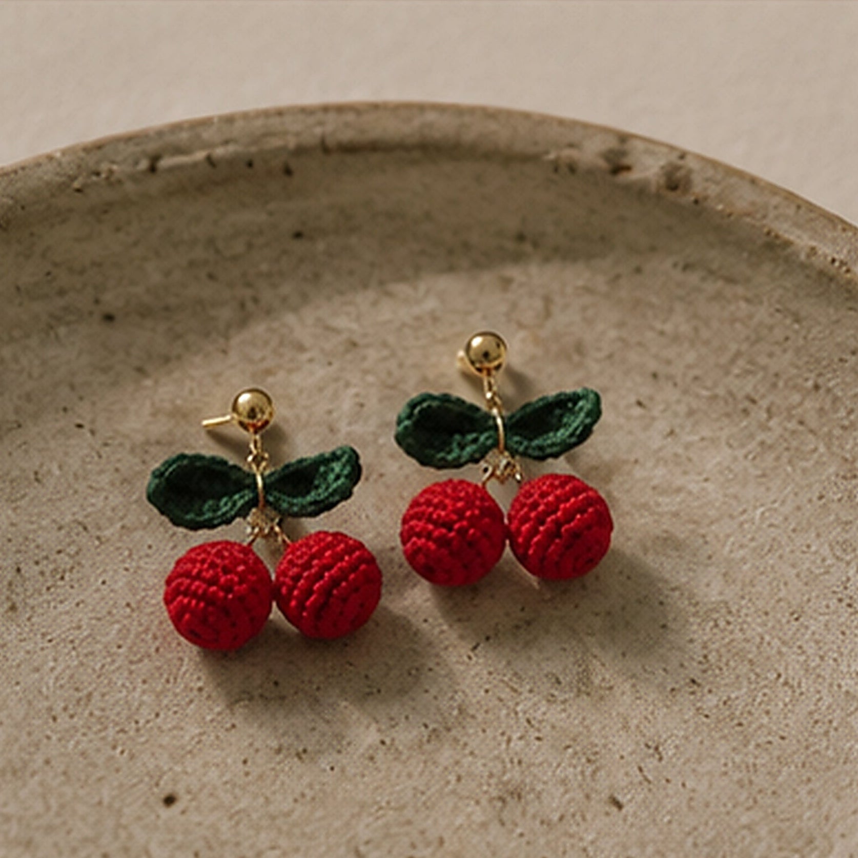 Handmade Crochet Cherry Stud Earrings | 925 Sterling Silver Posts