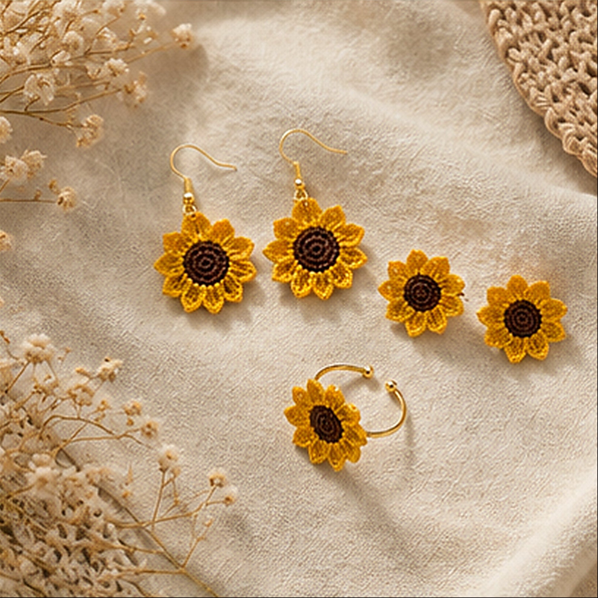 Handmade Crochet Sunflower Jewellery Set | Earrings & Ring