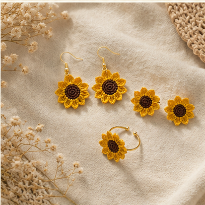 Handmade Crochet Sunflower Jewellery Set – Earrings & Ring