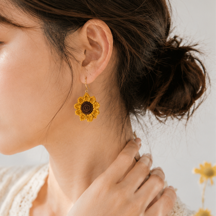 Handmade Crochet Sunflower Jewellery Set – Earrings & Ring