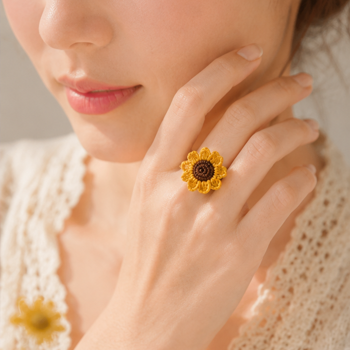 Handmade Crochet Sunflower Jewellery Set – Earrings & Ring