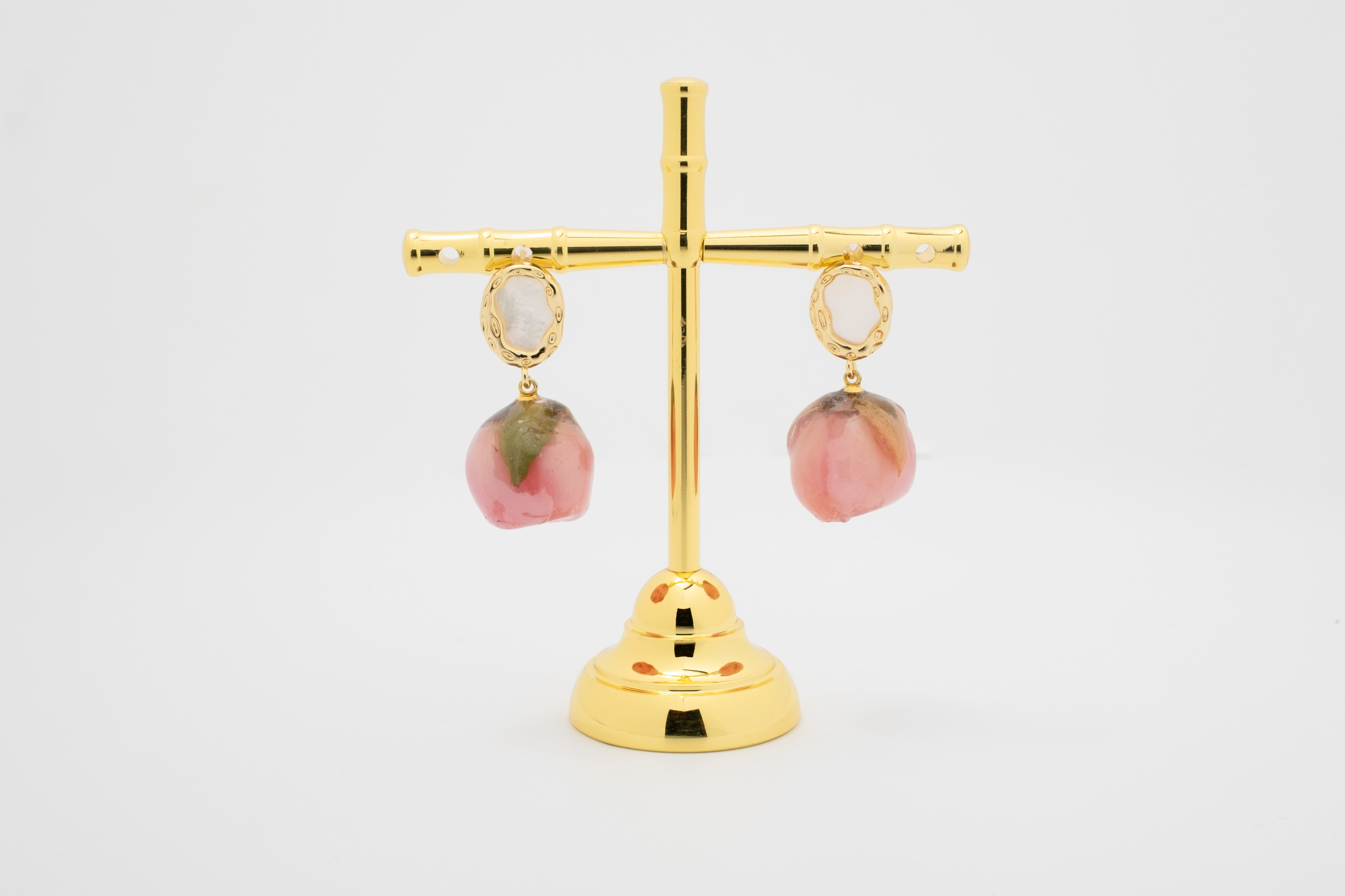 Blush Drop: Real Rosebud Resin Earrings with Mother-of-Pearl Detail