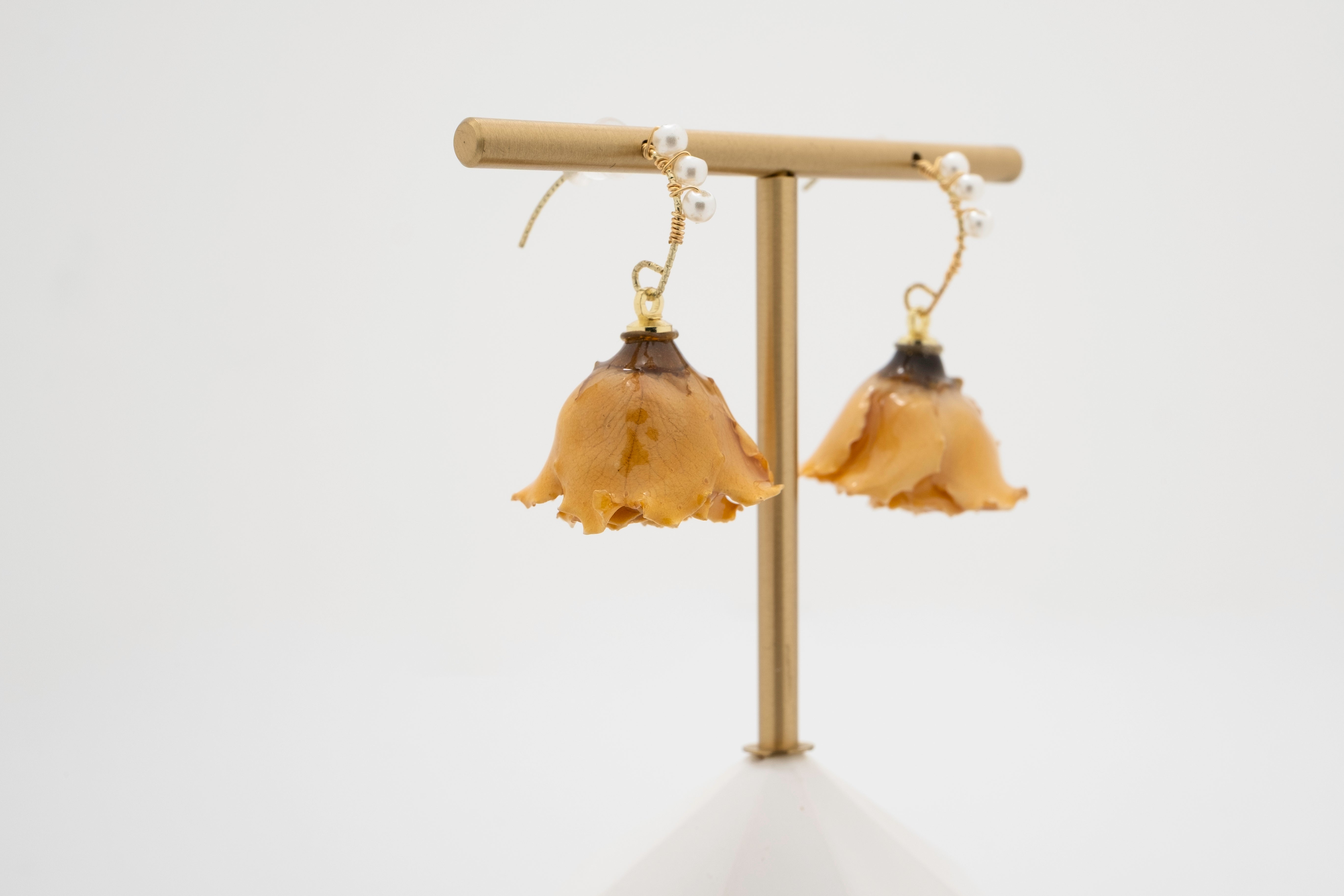 Amber Bloom: Real Rose Petal Resin Earrings with Pearls