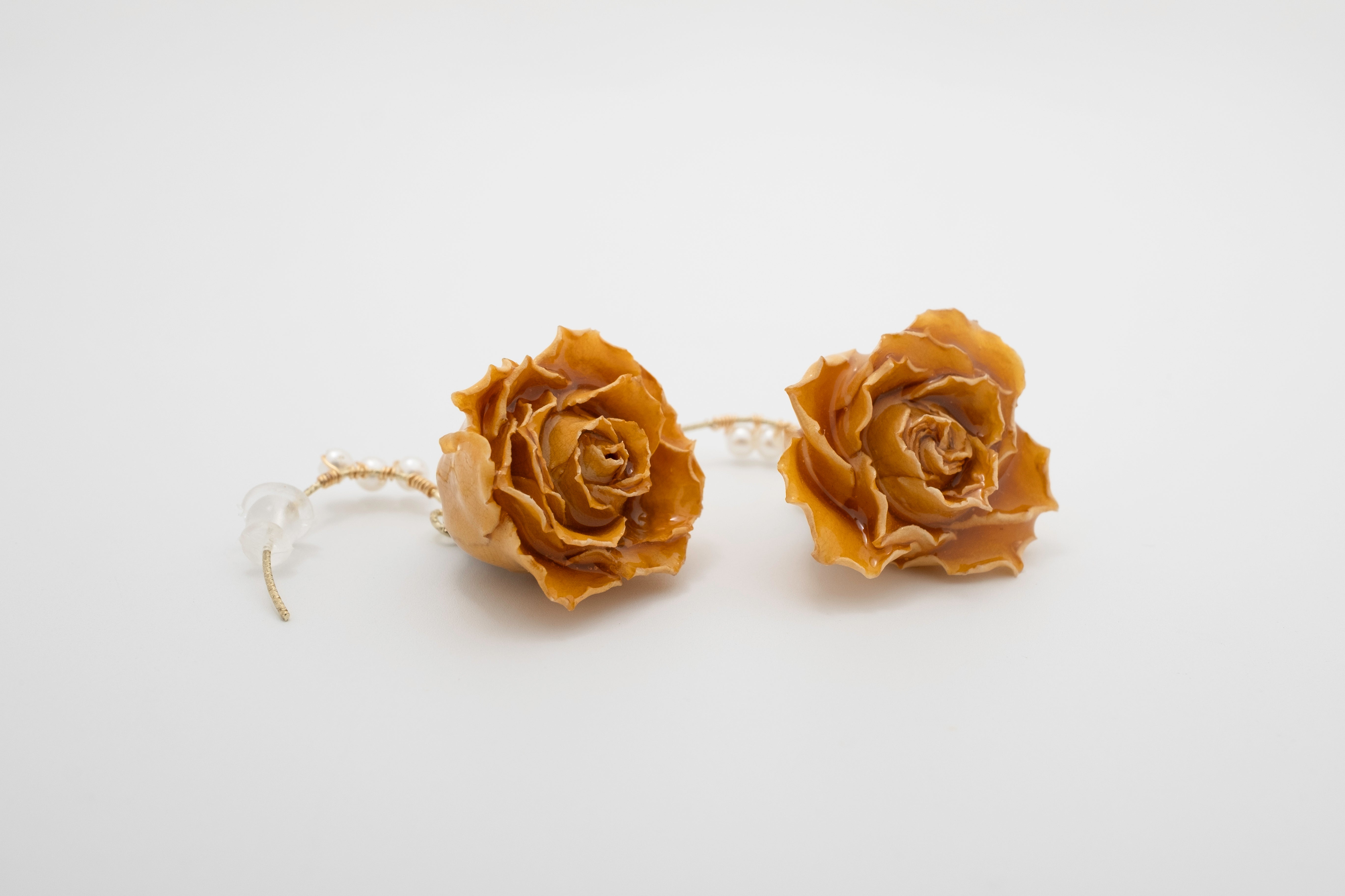 Amber Bloom: Real Rose Petal Resin Earrings with Pearls