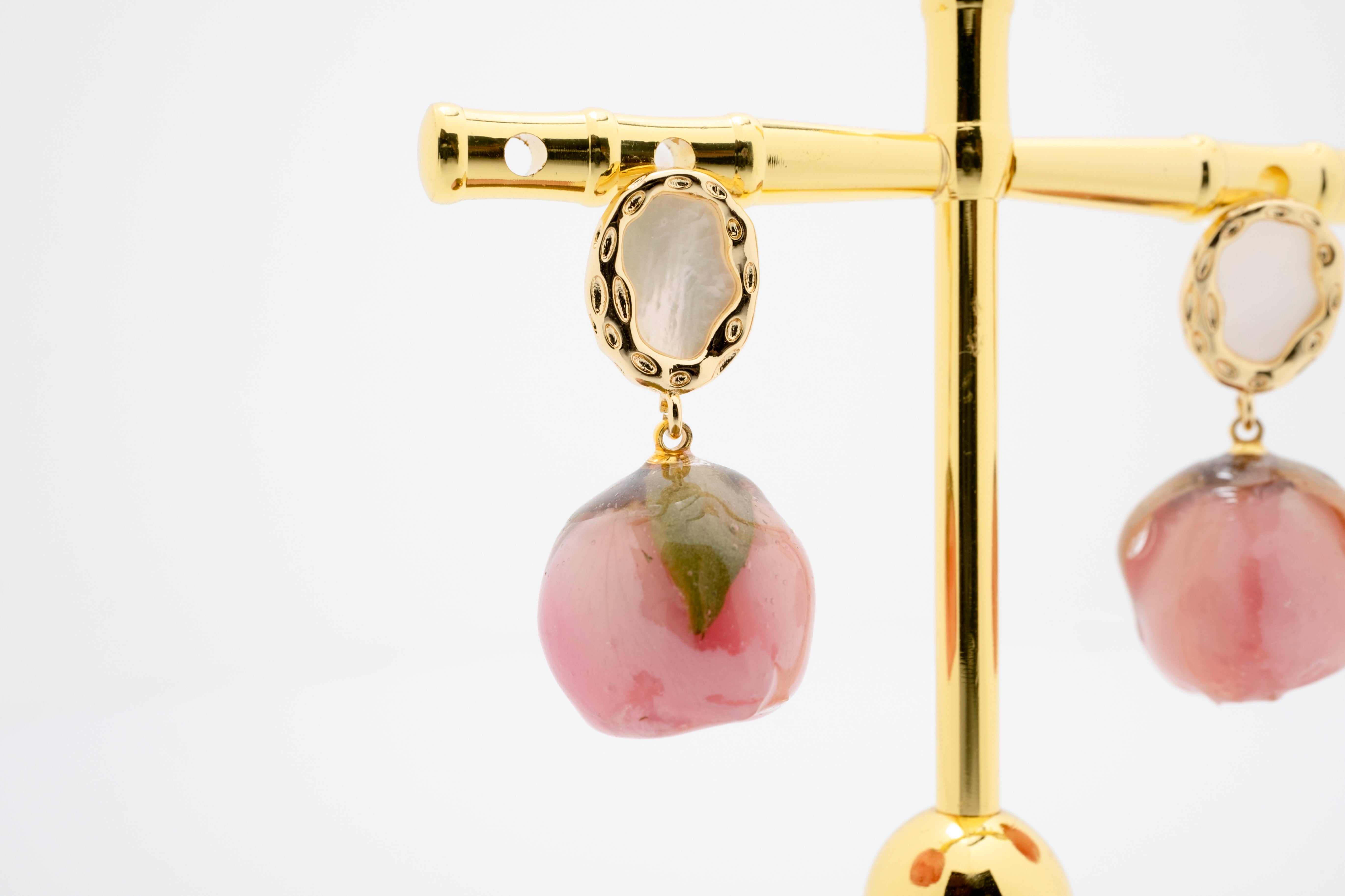 Blush Drop: Real Rosebud Resin Earrings with Mother-of-Pearl Detail