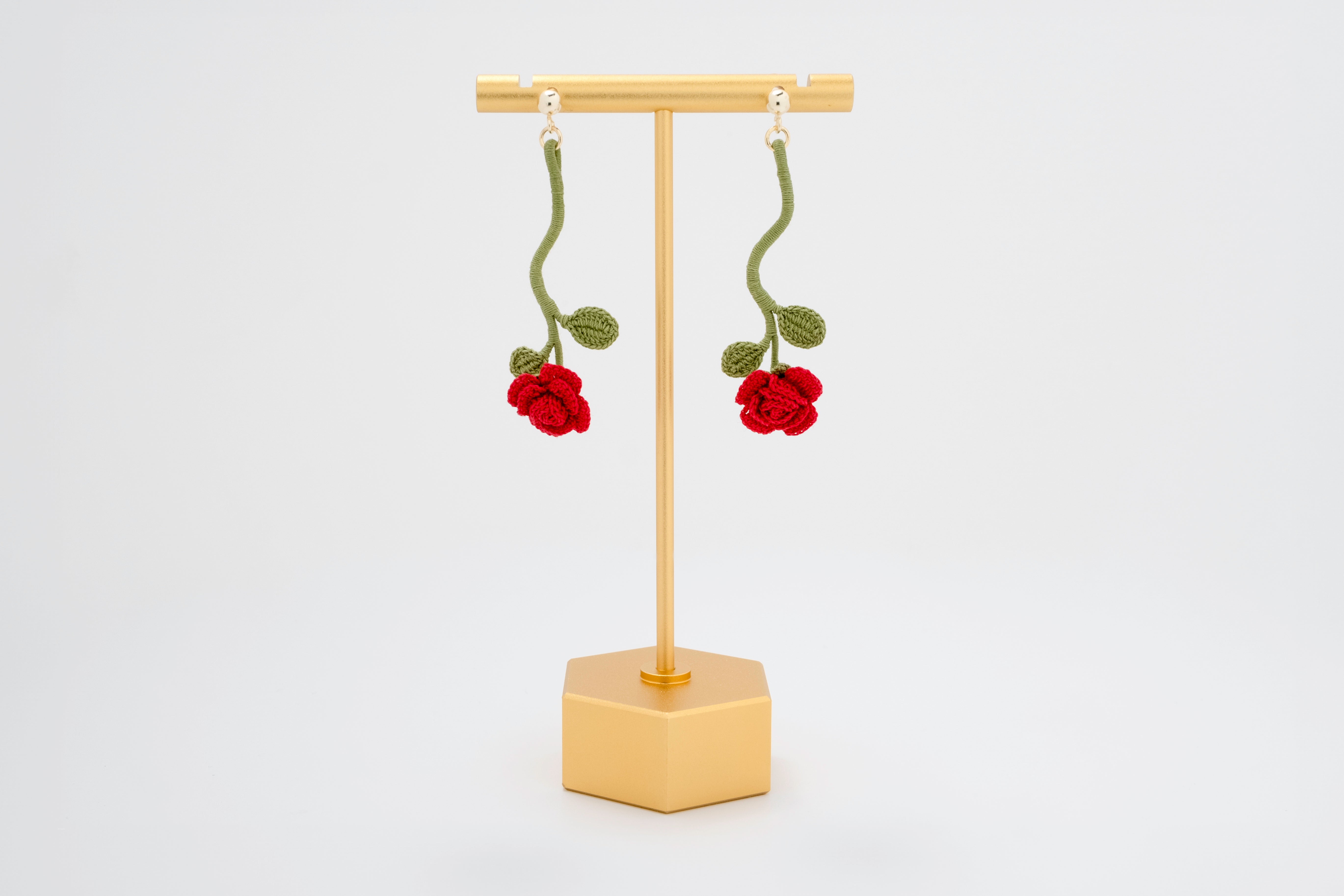 Crimson Vine: Hand-Crocheted Cotton Rose Earrings