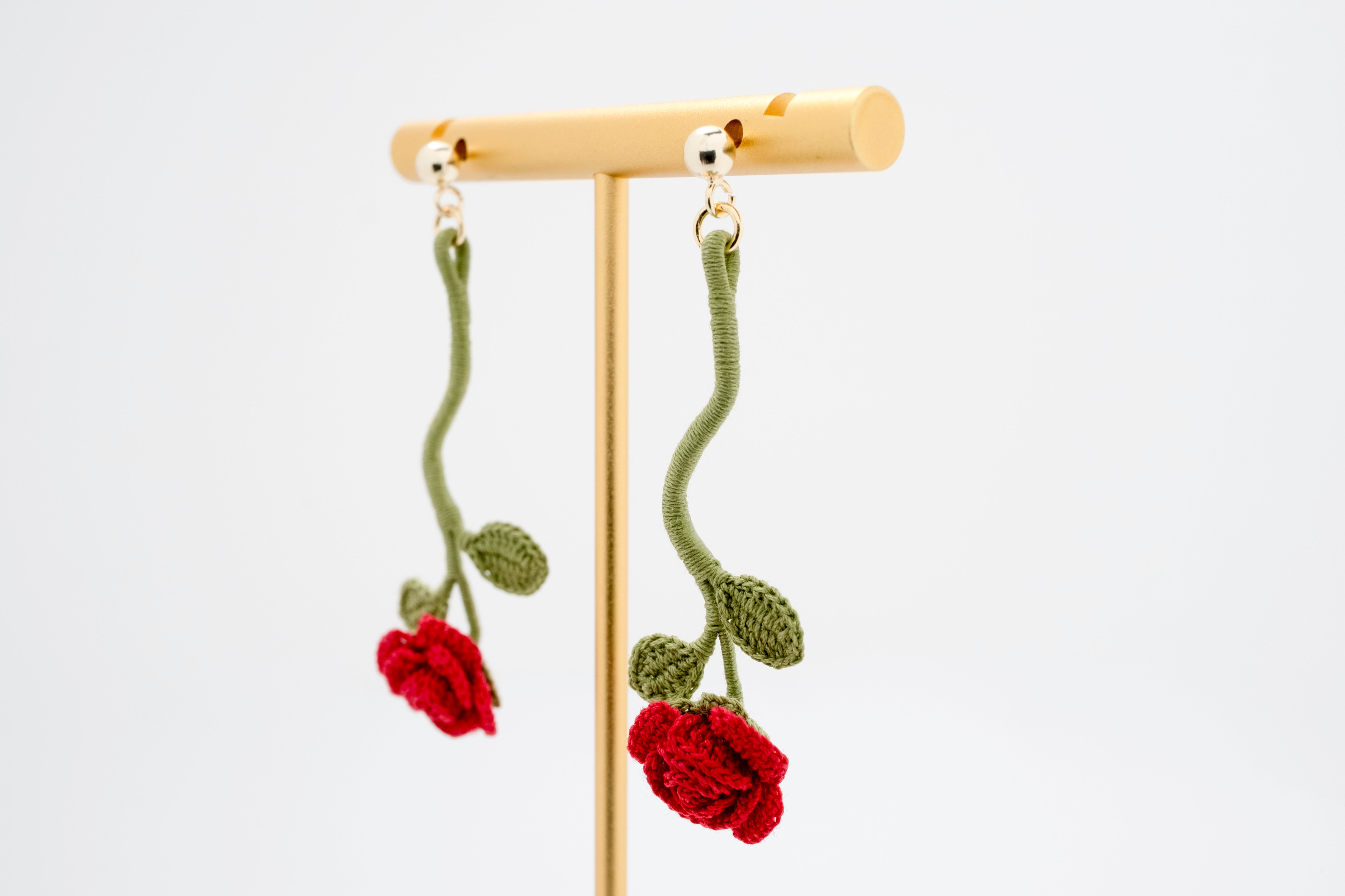 Crimson Vine: Hand-Crocheted Cotton Rose Earrings