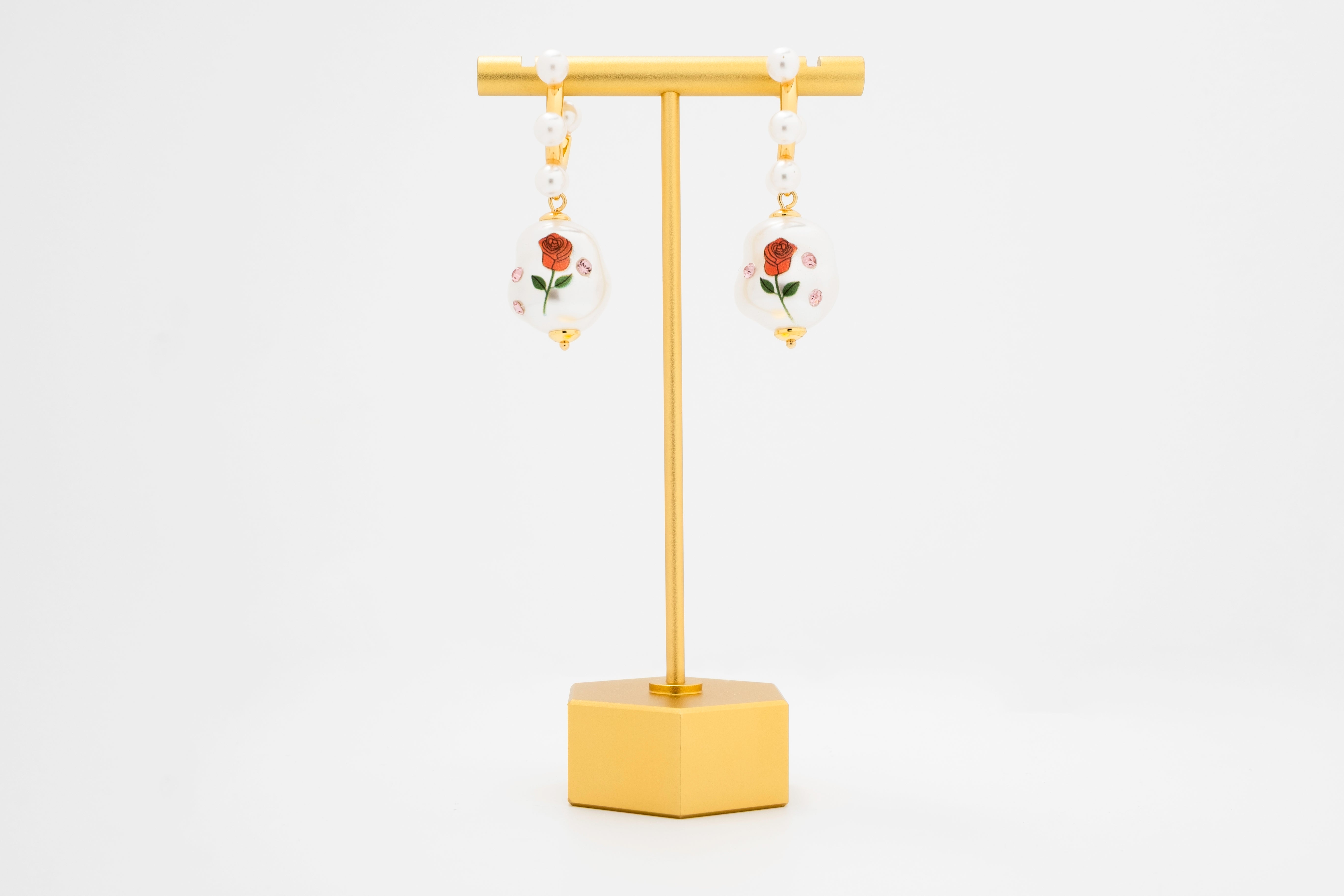 Rosalie Drops: Pearl Hoop Earrings with Hand-Painted Rose Beads