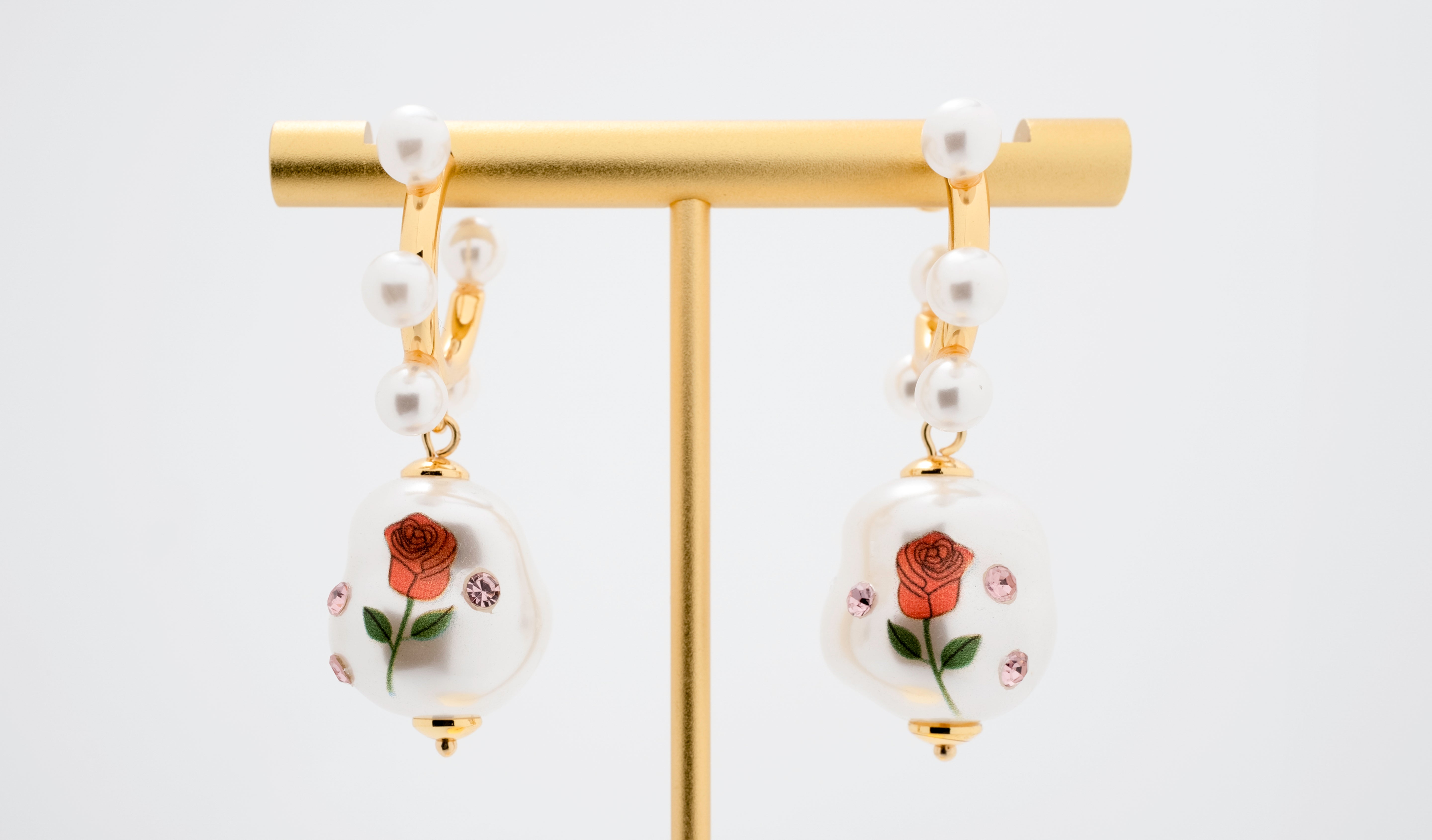 Rosalie Drops: Pearl Hoop Earrings with Hand-Painted Rose Beads