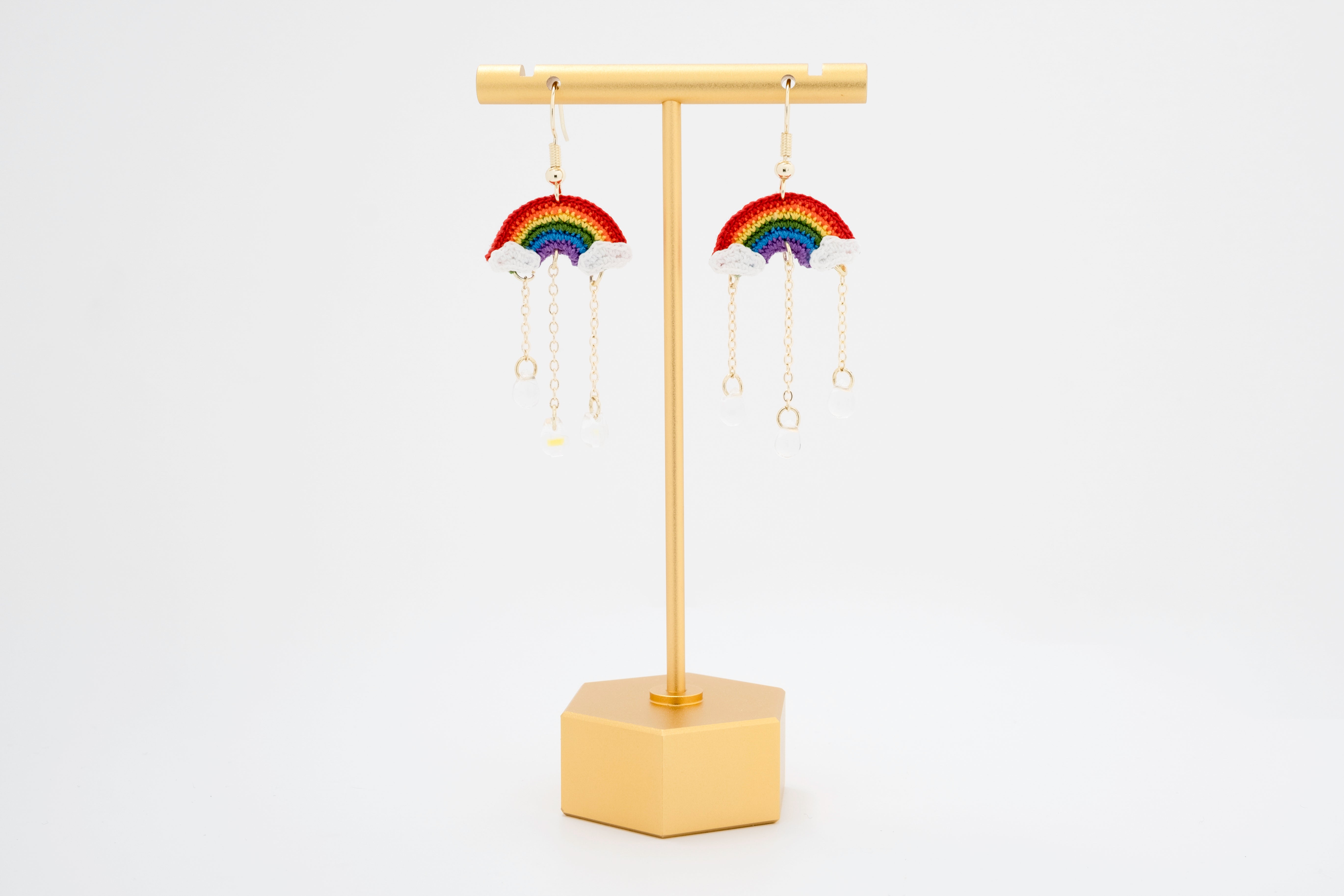 Rainbow Drizzle: Hand-Crocheted Rainbow & Raindrop Earrings