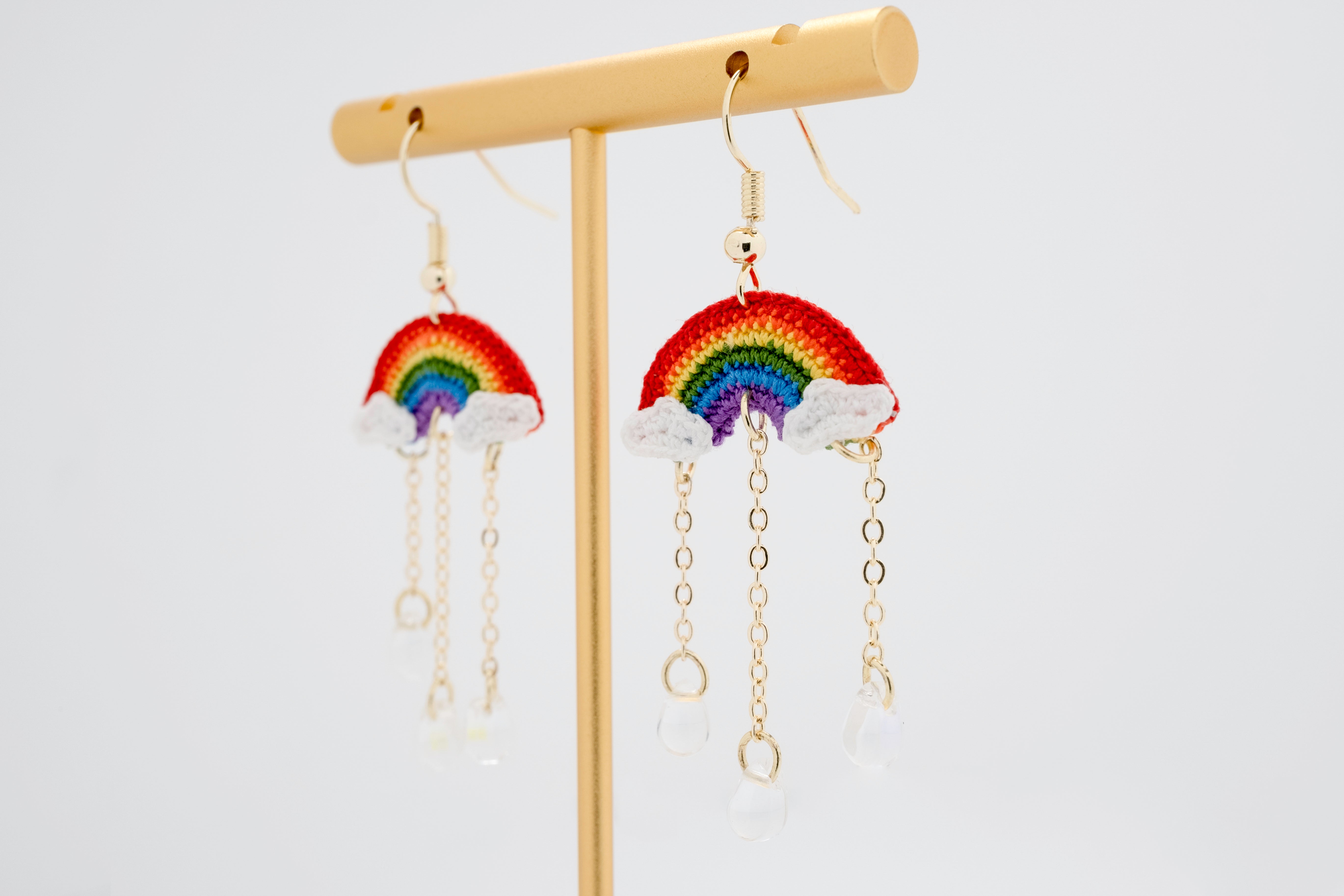 Rainbow Drizzle: Hand-Crocheted Rainbow & Raindrop Earrings