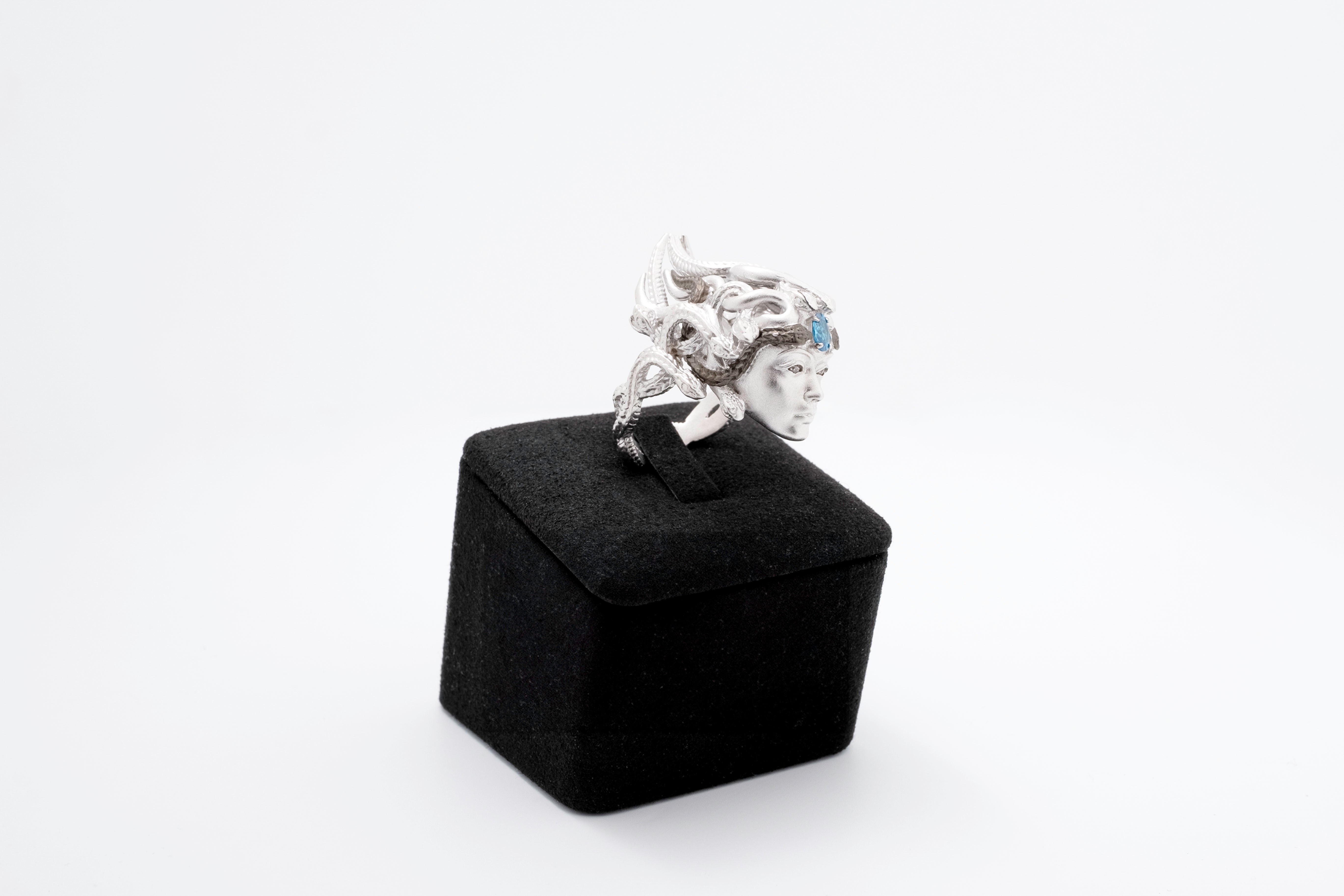 Ocean Crown: Sterling Silver Medusa Ring with Blue Topaz