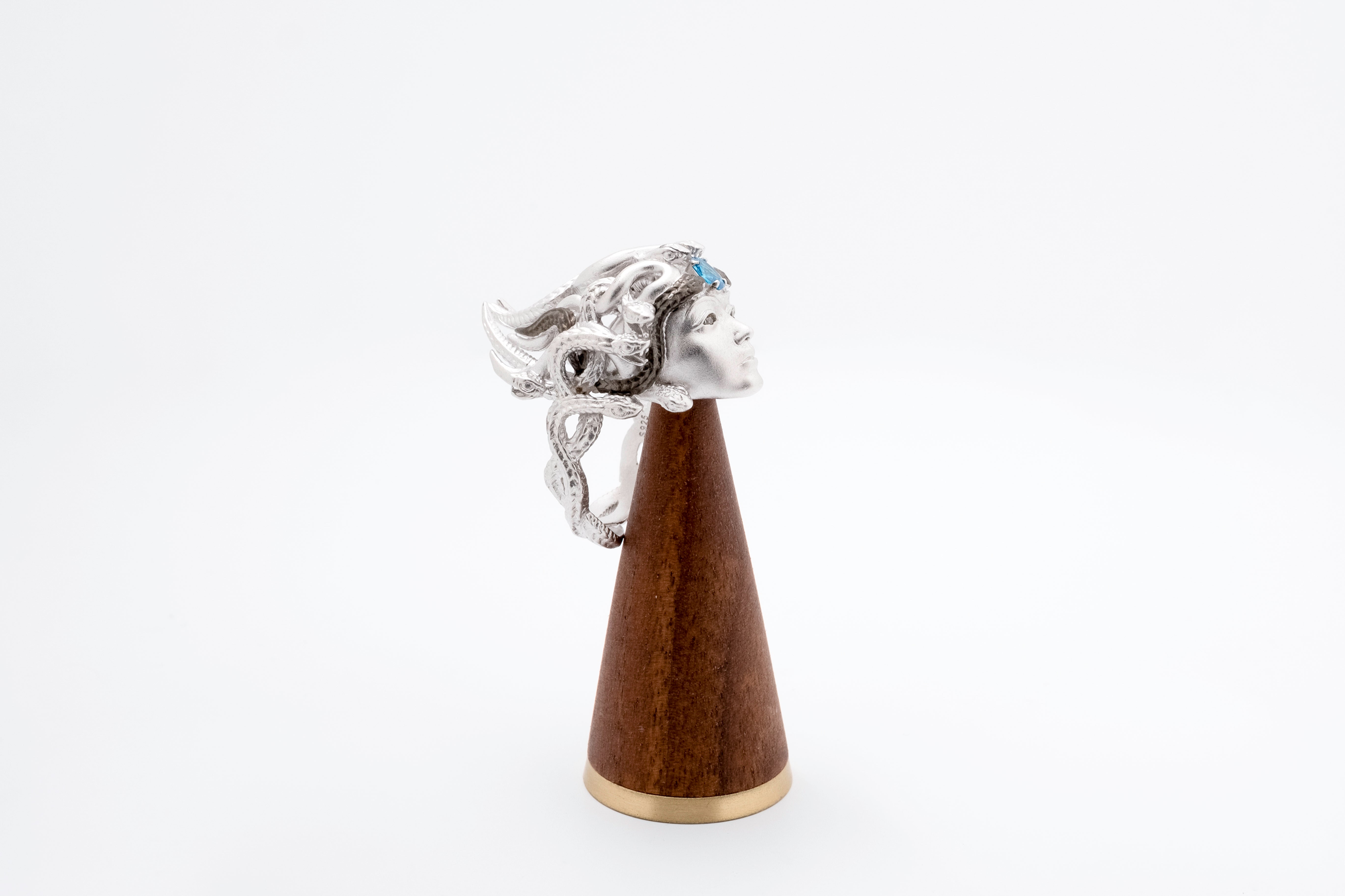 Ocean Crown: Sterling Silver Medusa Ring with Blue Topaz